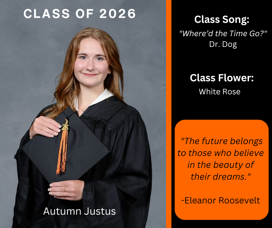 girl holding a graduation cap and wearing a graduation gown; has class song and class flower listed