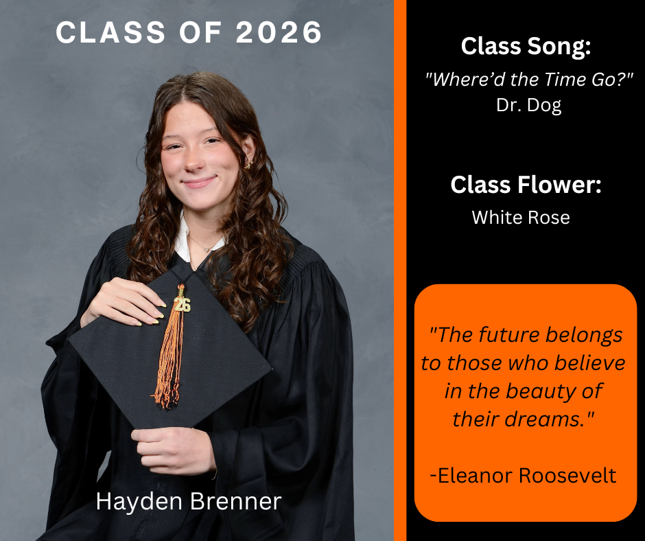 girl holding a graduation cap and wearing a graduation gown; has class song and class flower listed