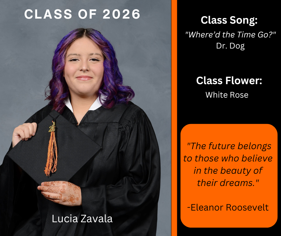 girl holding a graduation cap and wearing a graduation gown; has class song and class flower listed
