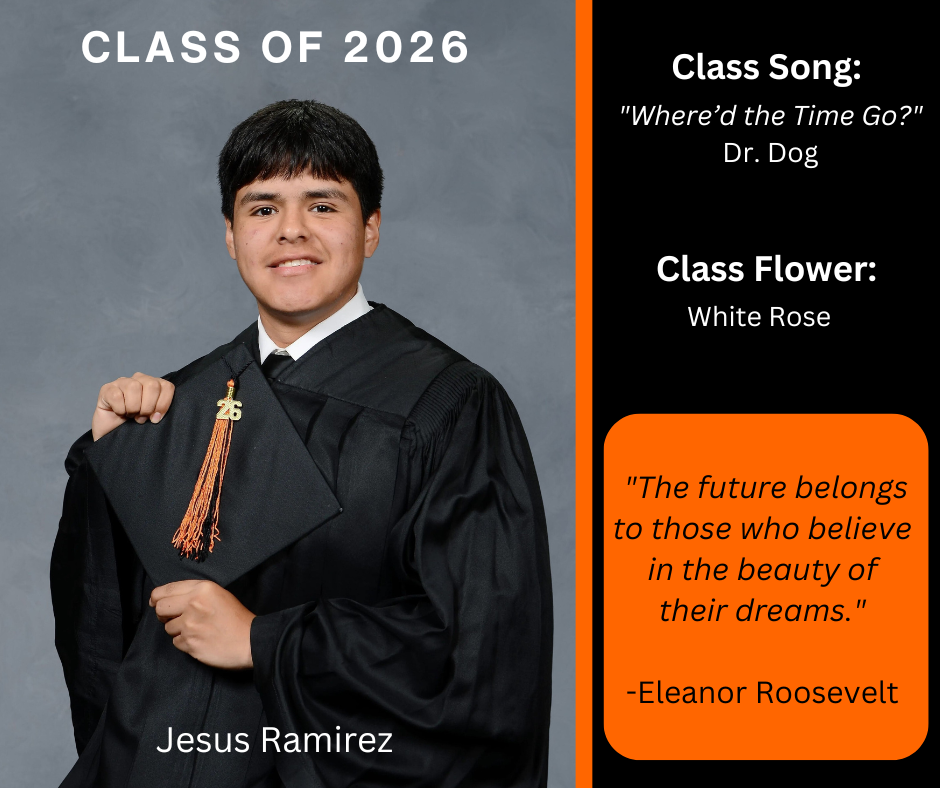 boy holding a graduation cap and wearing a graduation gown; has class song and class flower listed