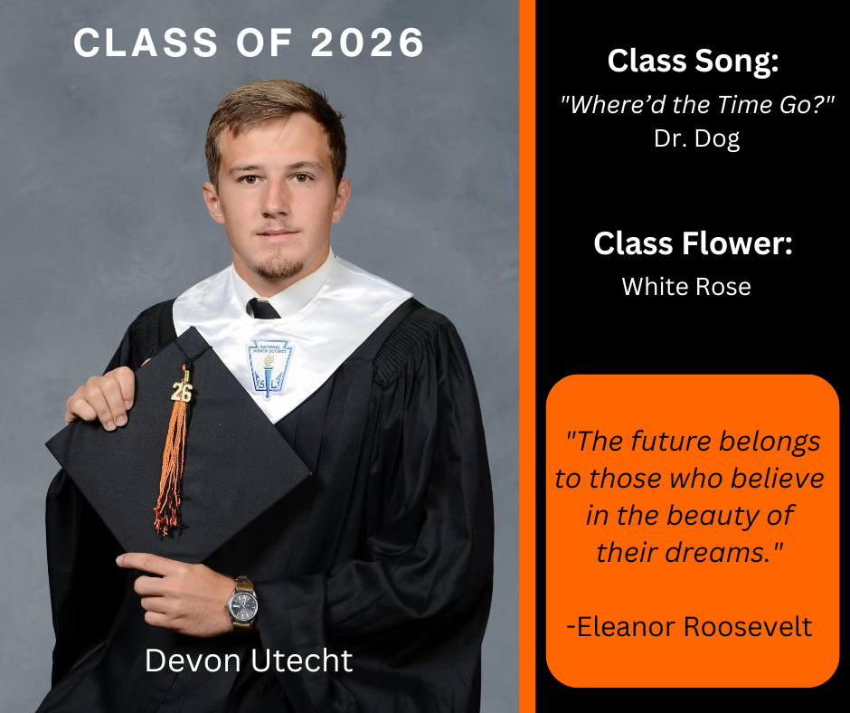 boy holding a graduation cap and wearing a graduation gown; has class song and class flower listed