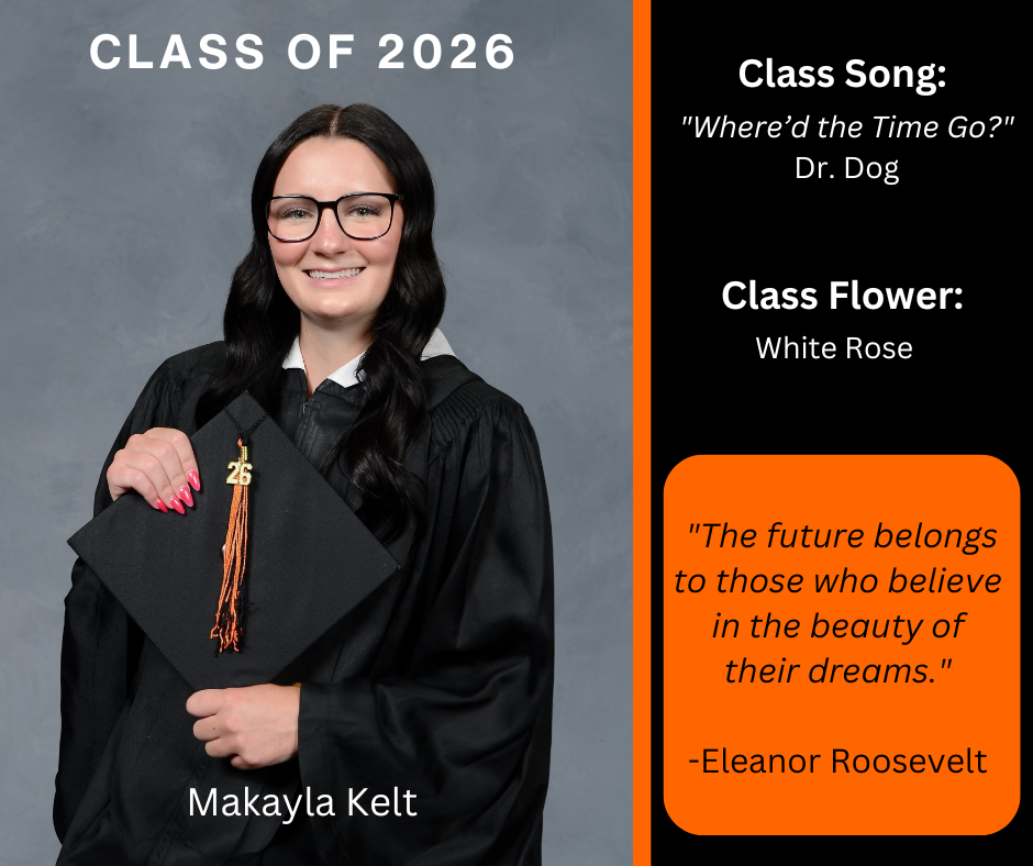 girl holding a graduation cap wearing a graduation gown; features class song and class flower