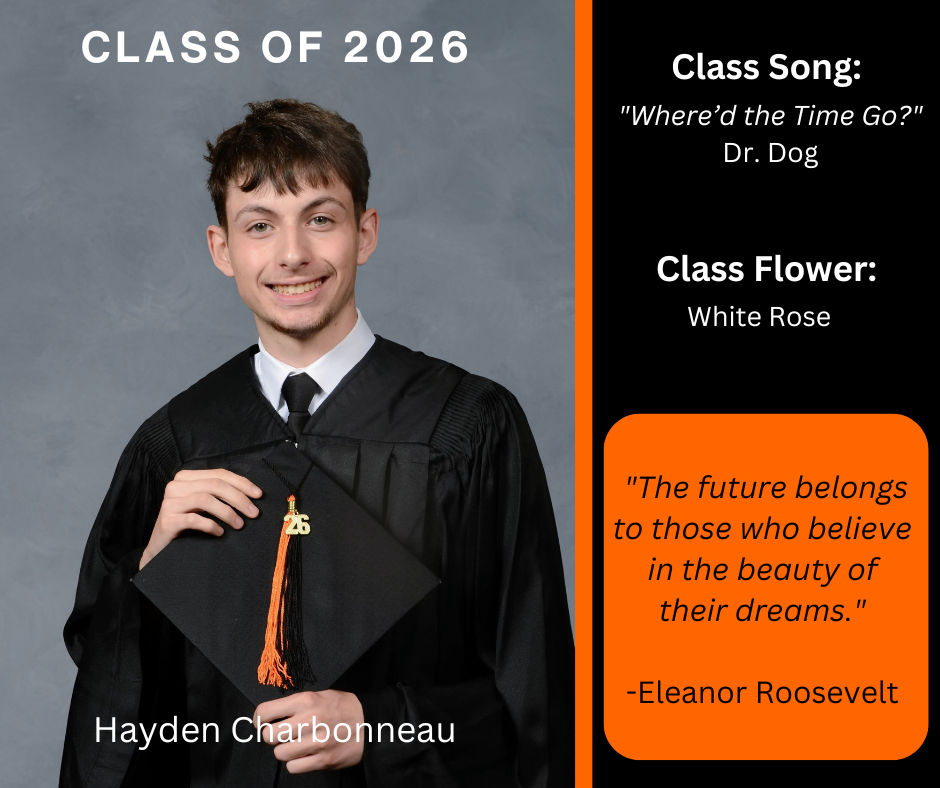 student holding a graduation cap wearing a graduation gown; features class song and class flower