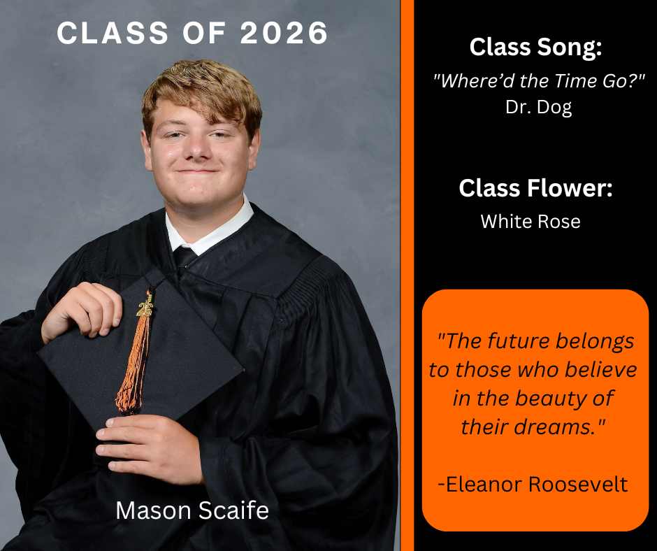 boy holding a graduation cap wearing a graduation gown; features class song and class flower