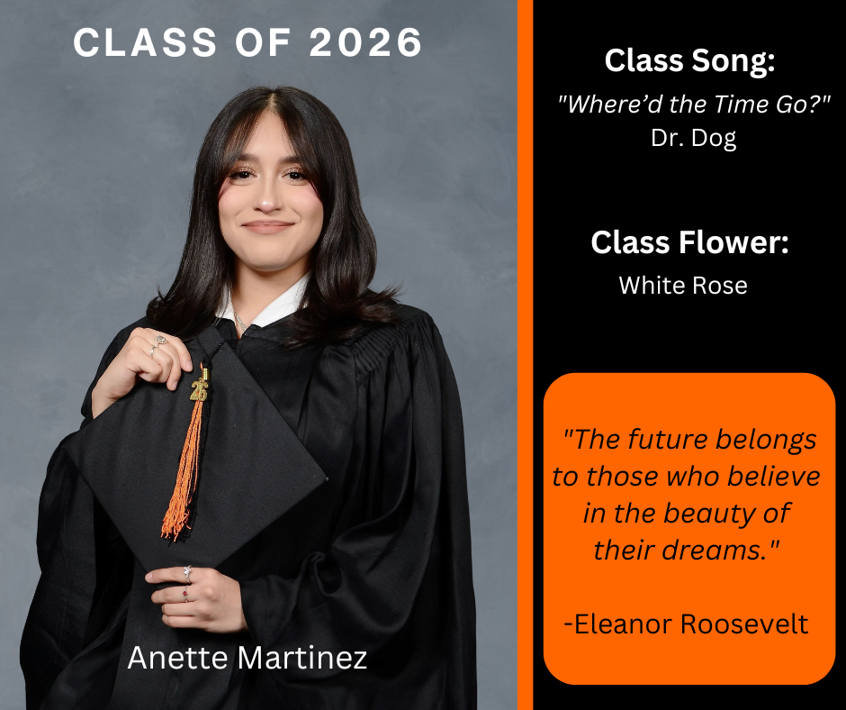 girl holding a graduation cap wearing a graduation gown; features class song and class flower