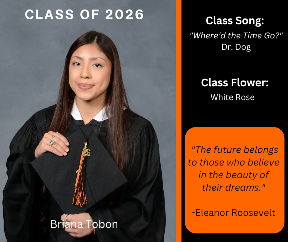 girl holding a graduation cap wearing a graduation gown; features class song and class flower