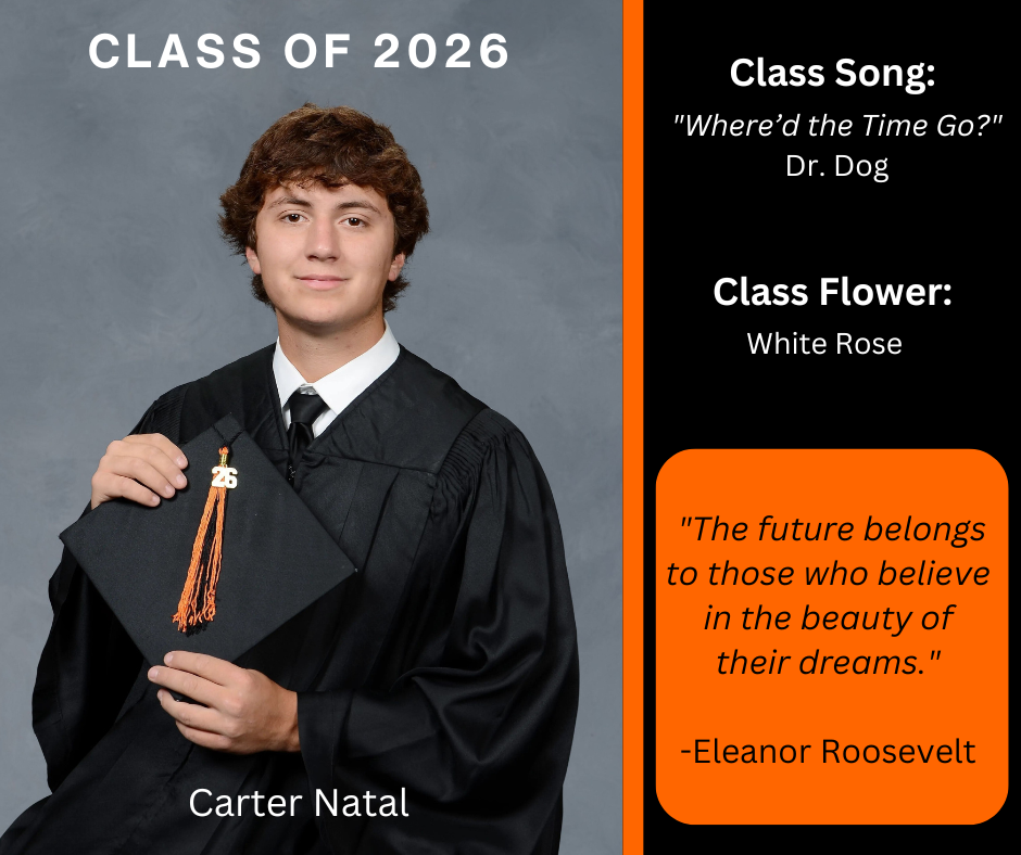 student holding a graduation cap wearing a graduation gown; features class song and class flower