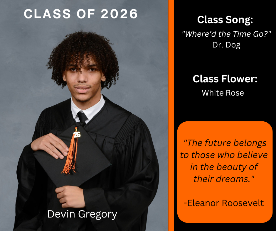 student holding a graduation cap wearing a graduation gown; features class song and class flower