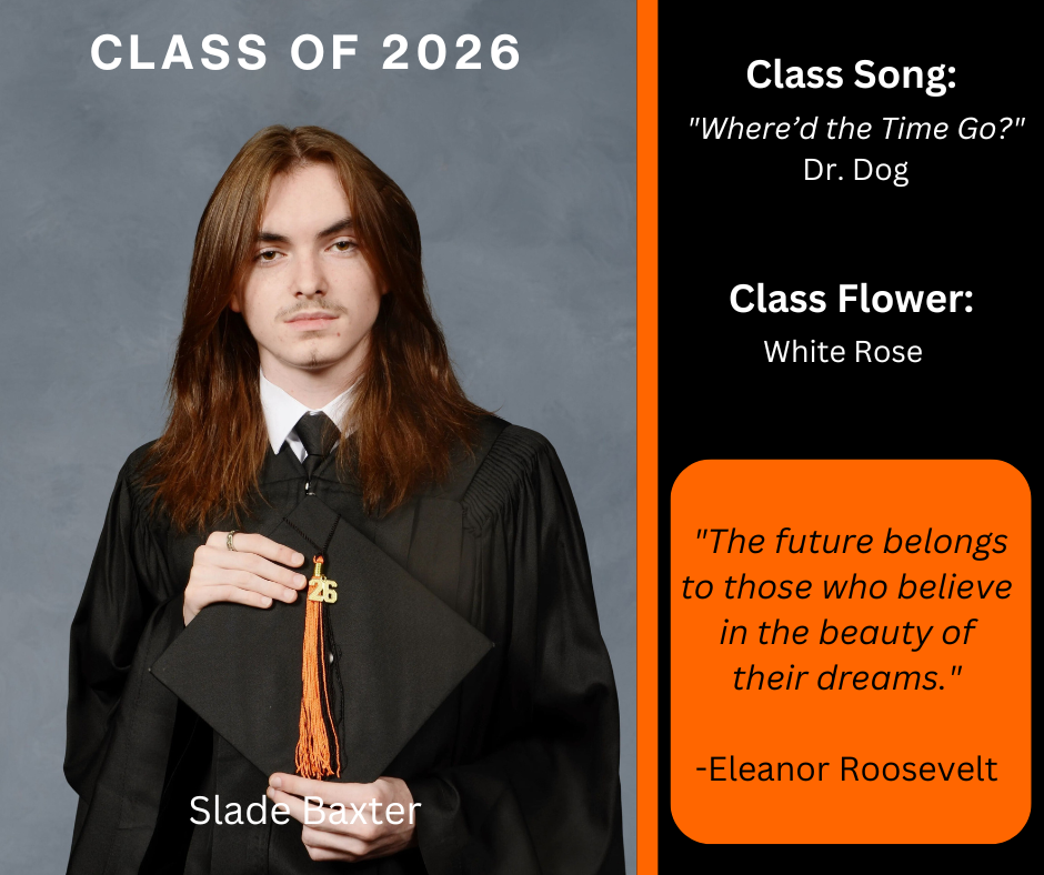 student holding a graduation cap wearing a graduation gown; features class song and class flower