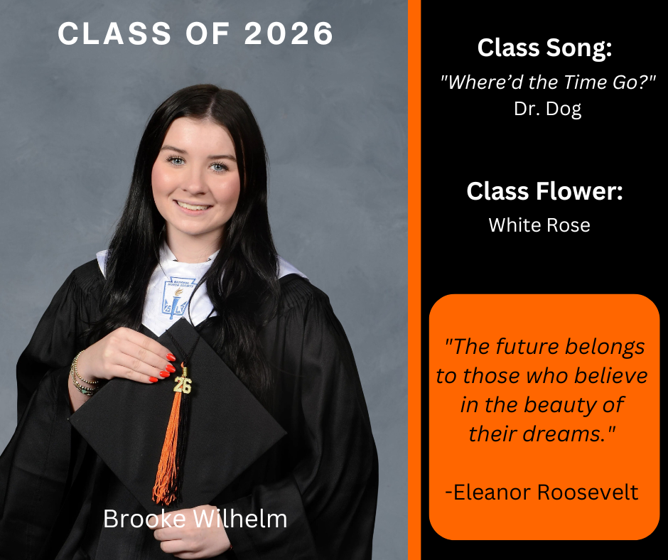girl holding a graduation cap wearing a graduation gown; features class song and class flower