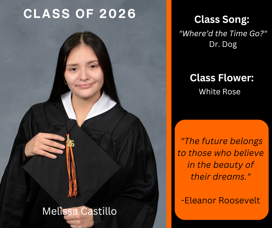 student holding a graduation cap wearing a graduation gown; features class song and class flower