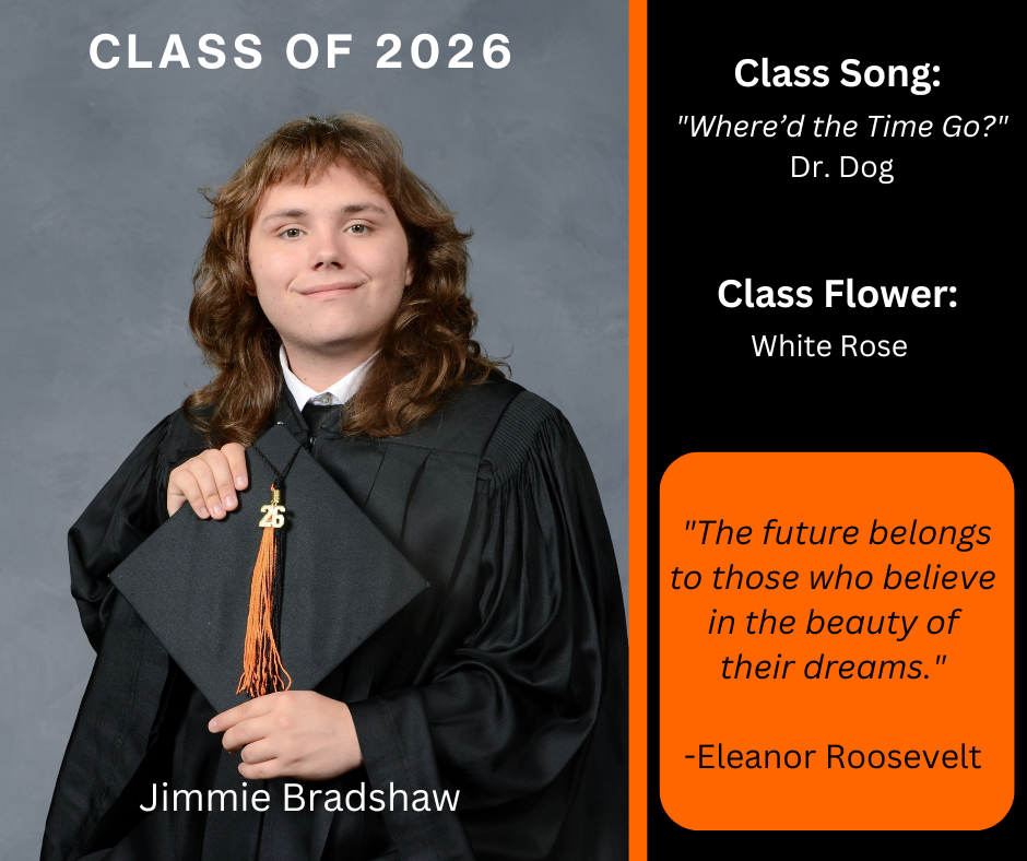 student holding a graduation cap wearing a graduation gown; features class song and class flower