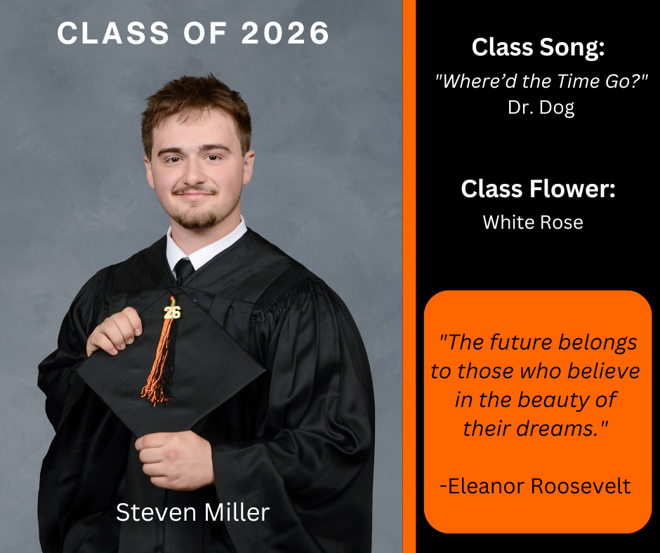 student holding a graduation cap wearing a graduation gown; features class song and class flower