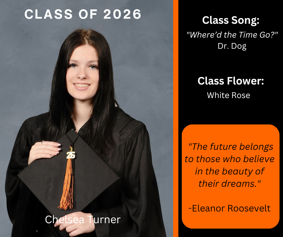 student holding a graduation cap wearing a graduation gown; features class song and class flower