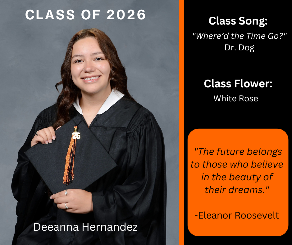 student holding a graduation cap wearing a graduation gown; features class song and class flower