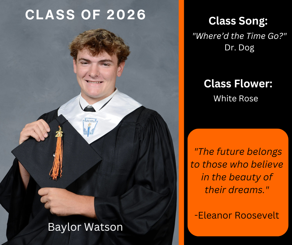student holding a graduation cap wearing a graduation gown; features class song and class flower