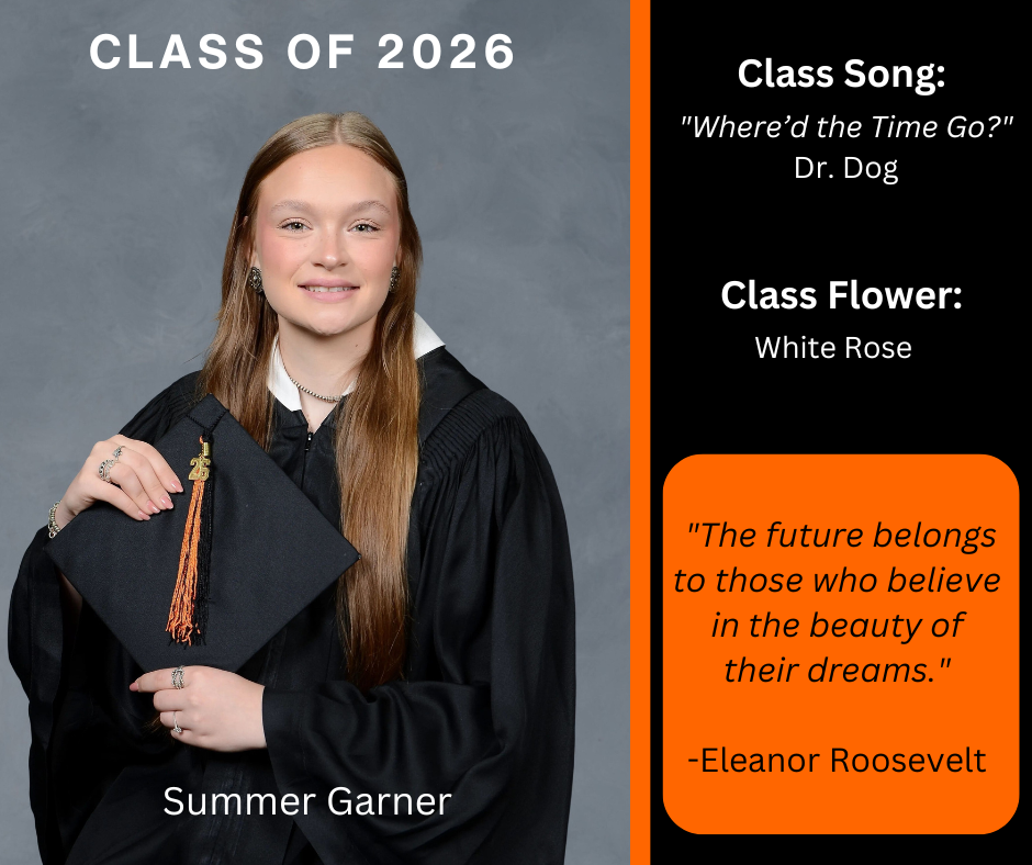 student holding a graduation cap wearing a graduation gown; features class song and class flower