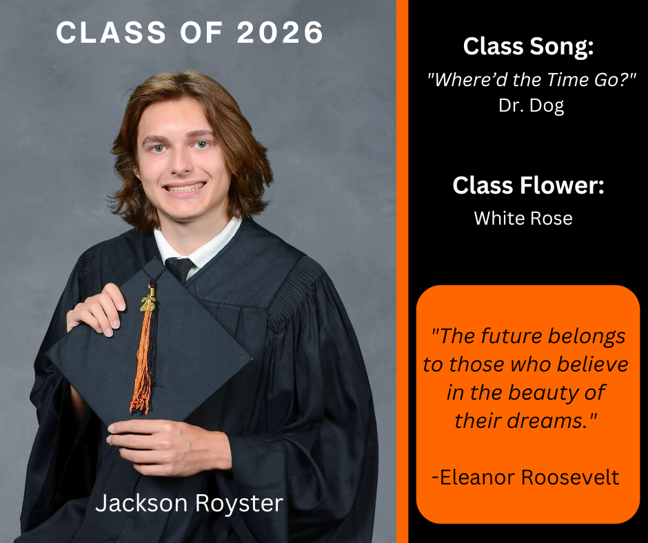 student holding a graduation cap wearing a graduation gown; features class song and class flower