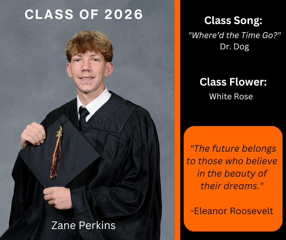 student holding a graduation cap wearing a graduation gown; features class song and class flower
