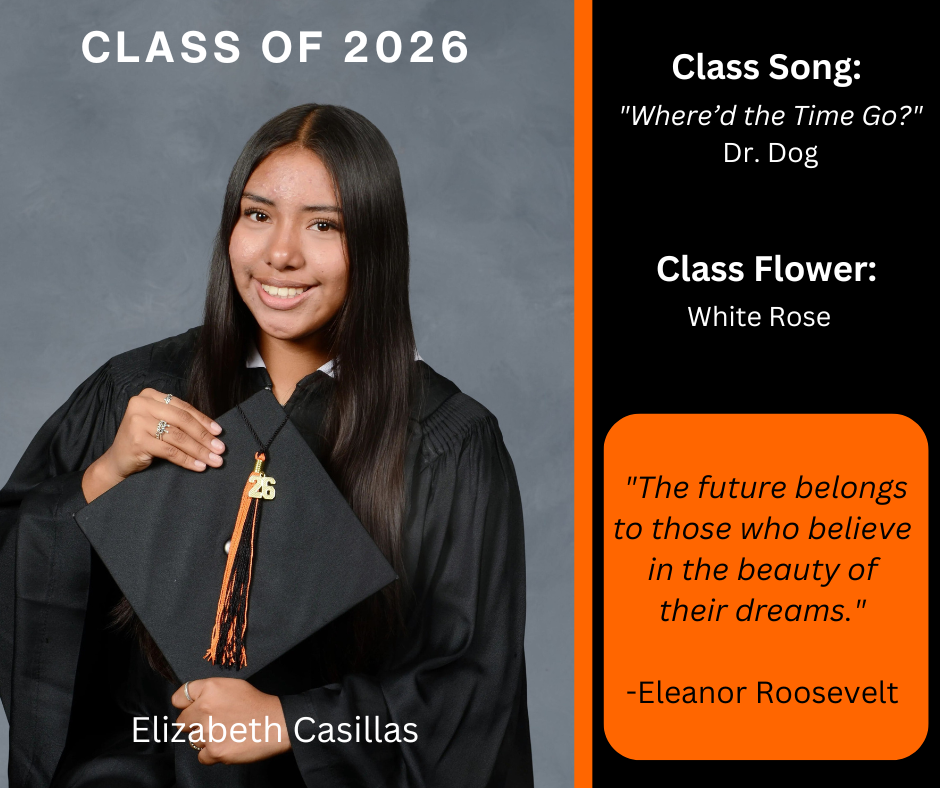 student holding a graduation cap wearing a graduation gown; features class song and class flower