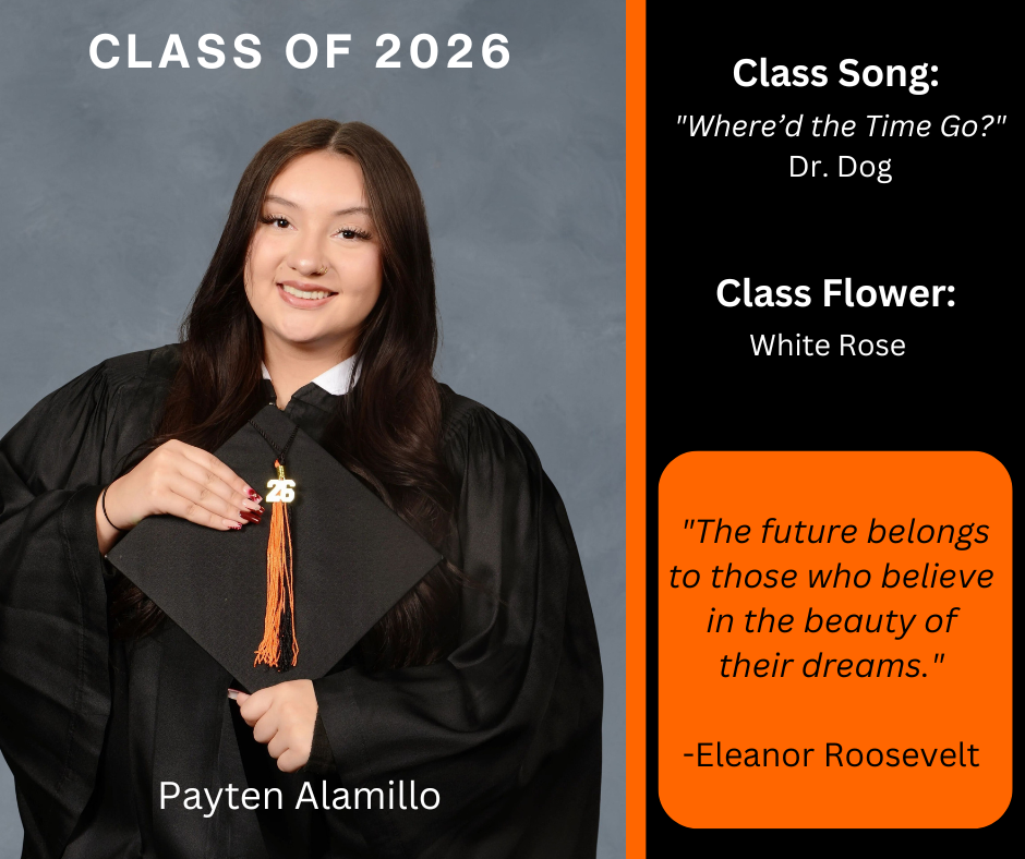 student holding a graduation cap wearing a graduation gown; features class song and class flower