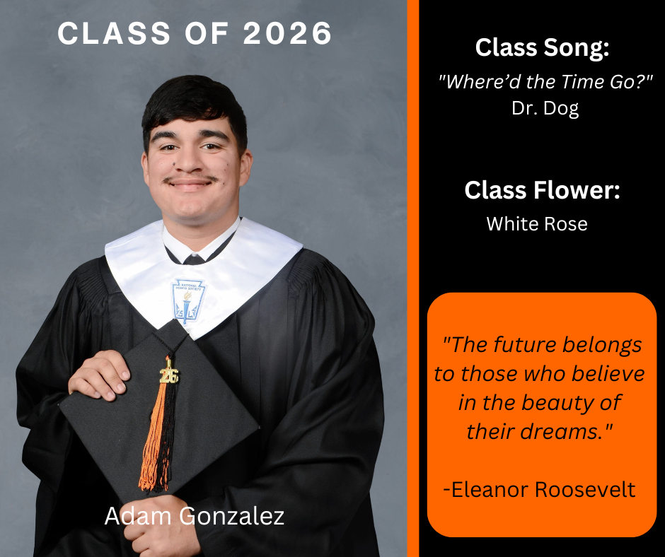 student holding a graduation cap wearing a graduation gown; features class song and class flower