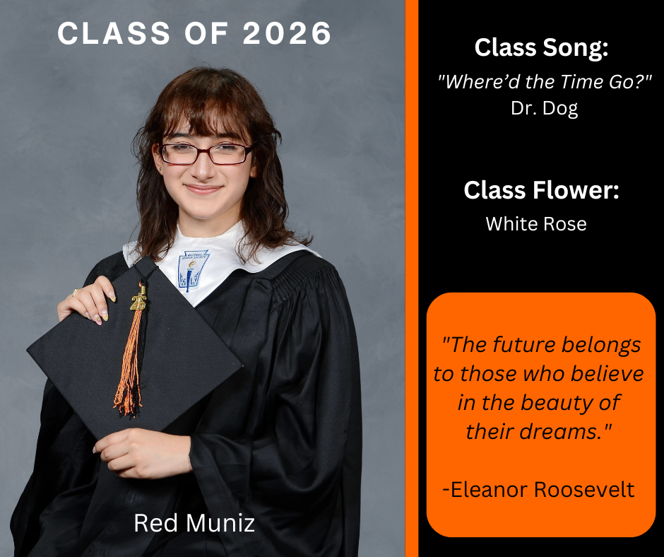 student holding a graduation cap wearing a graduation gown; features class song and class flower