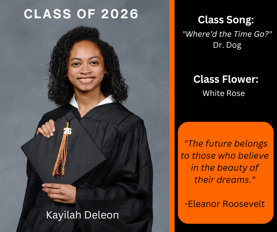 student holding a graduation cap wearing a graduation gown; features class song and class flower