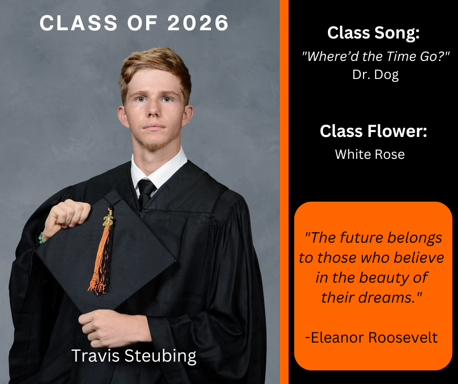 student holding a graduation cap wearing a graduation gown; features class song and class flower