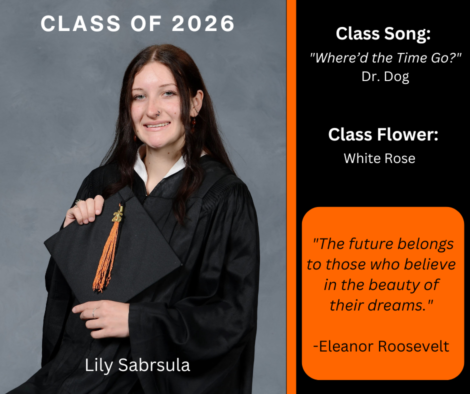 student holding a graduation cap wearing a graduation gown; features class song and class flower