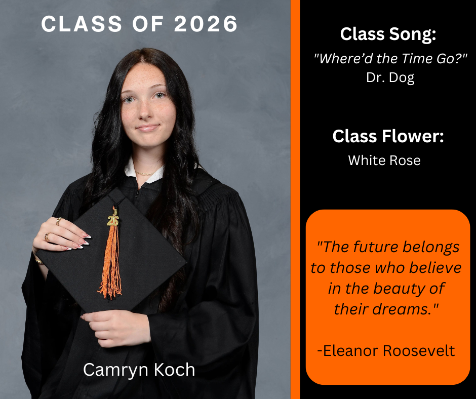 student holding a graduation cap wearing a graduation gown; features class song and class flower