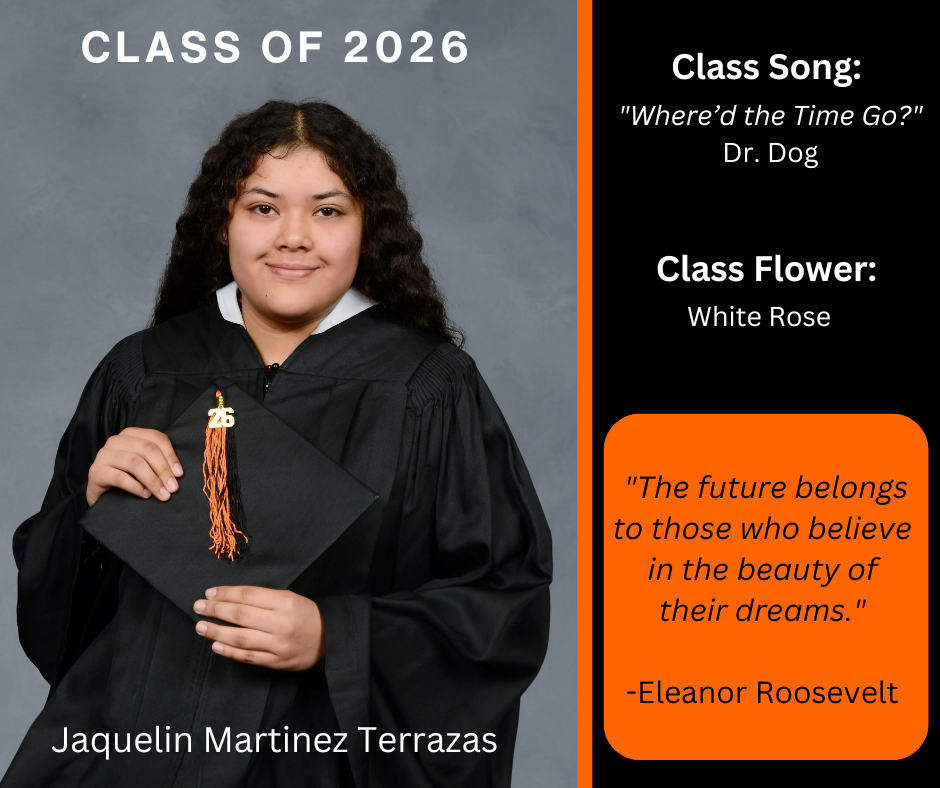 student holding a graduation cap wearing a graduation gown; features class song and class flower