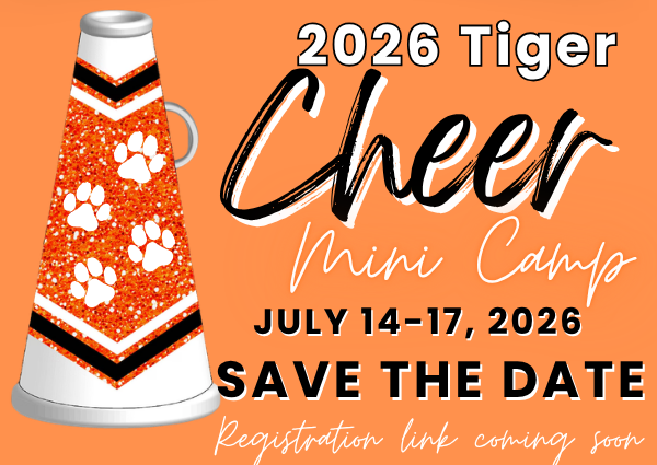 cheer mini camp graphic flyer with megaphone and "save the date"
