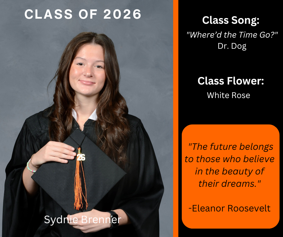 girl holding a graduation cap wearing a graduation gown; features class song and class flower