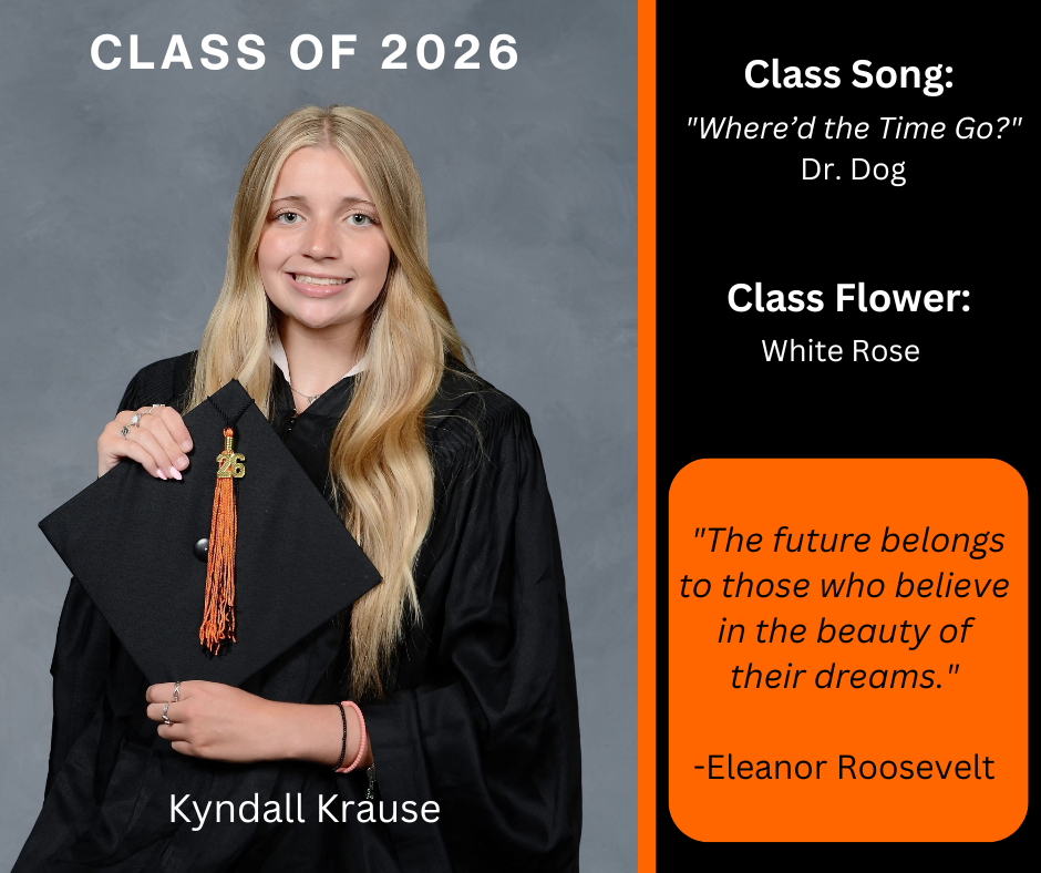 girl holding a graduation cap wearing a graduation gown; features class song and class flower