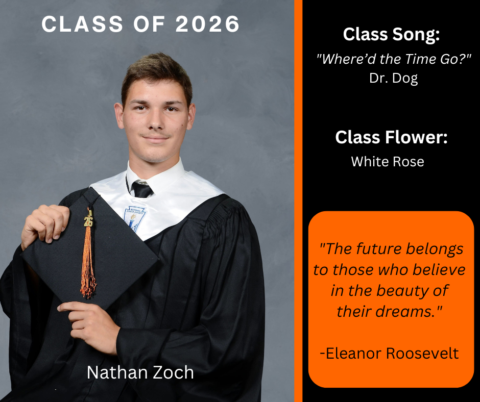 boy holding a graduation cap wearing a graduation gown; features class song and class flower