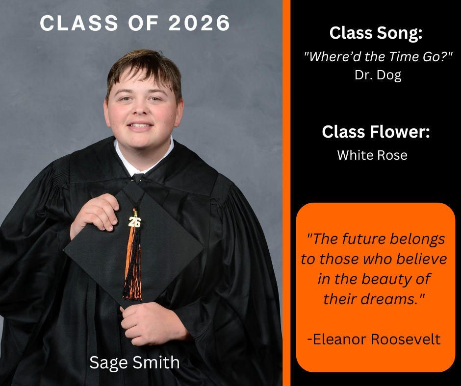 boy holding a graduation cap wearing a graduation gown; features class song and class flower