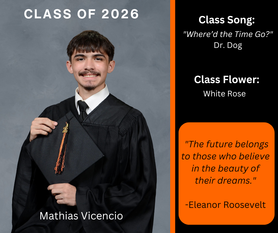 boy holding a graduation cap wearing a graduation gown; features class song and class flower