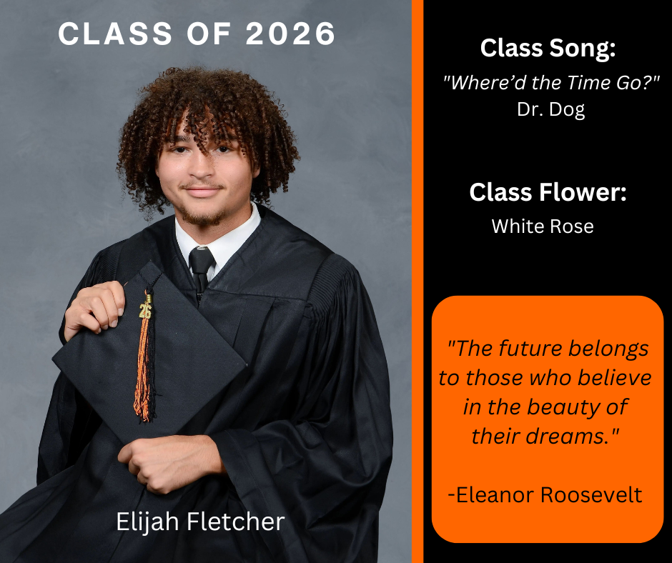 boy holding a graduation cap wearing a graduation gown; features class song and class flower