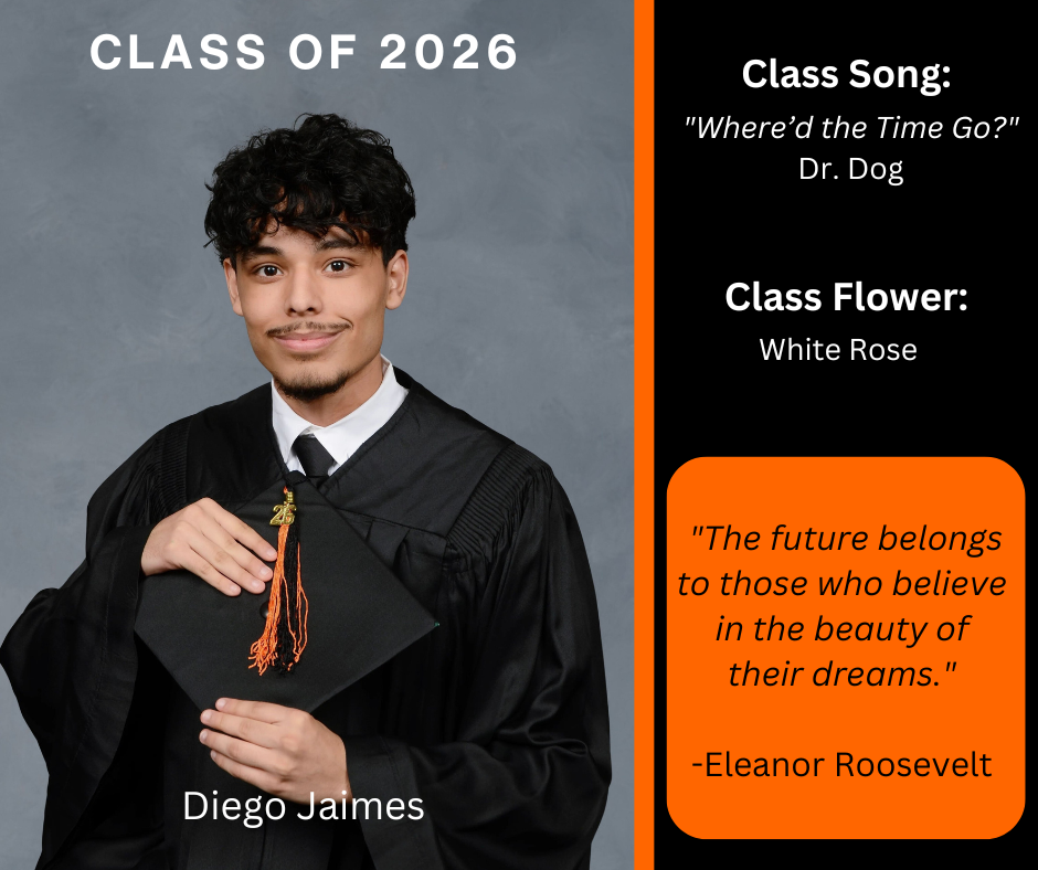 boy holding a graduation cap wearing a graduation gown; features class song and class flower
