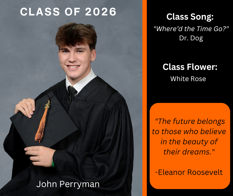 boy holding a graduation cap wearing a graduation gown; features class song and class flower
