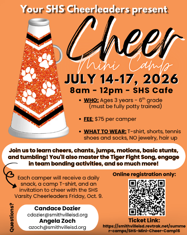 Advertisement poster for Cheer Mini Camp July 14-17, 2026, ages 3-6th grade. Camp details include camp fee, dress code, and what to bring.