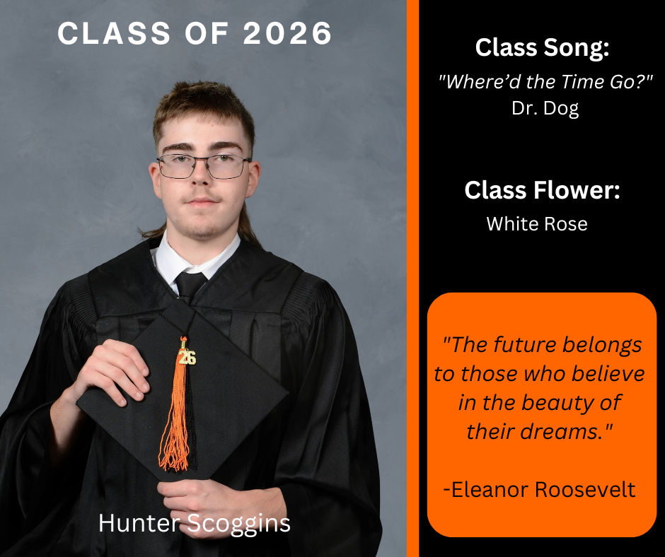 boy holding a graduation cap wearing a graduation gown; features class song and class flower