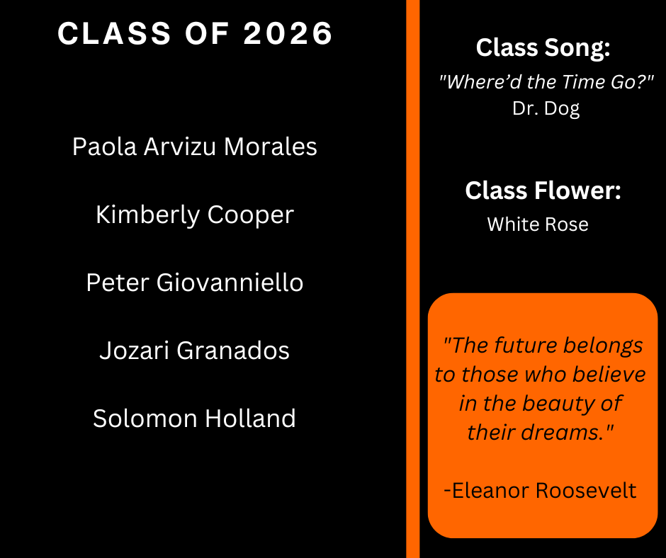 name of graduates of the class of 2026; features class song, flower and quote