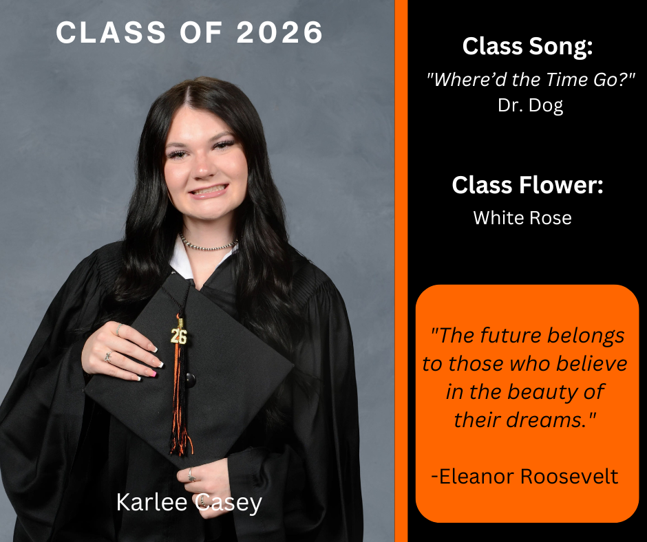 girl holding a graduation cap wearing a graduation gown; features class song and class flower
