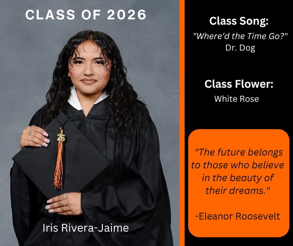 girl holding a graduation cap wearing a graduation gown; features class song and class flower