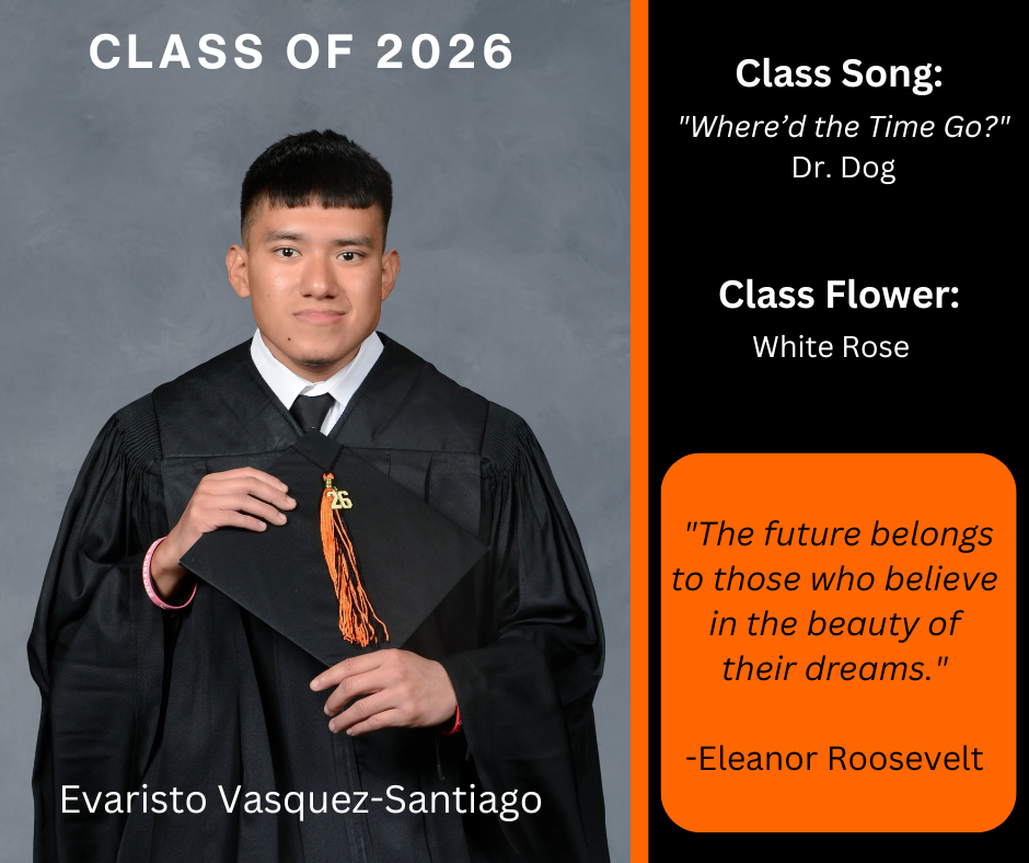 boy holding a graduation cap wearing a graduation gown; features class song and class flower