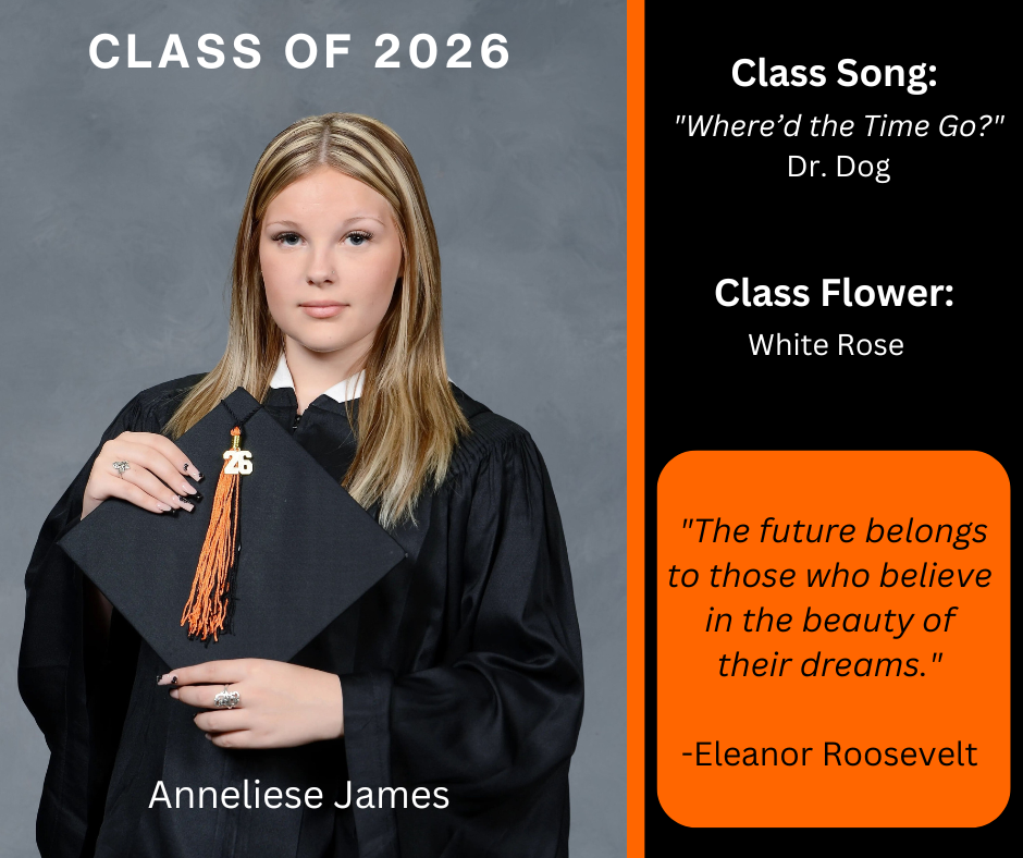 girl holding a graduation cap wearing a graduation gown; features class song and class flower