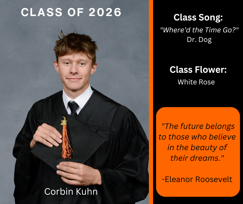 boy holding a graduation cap wearing a graduation gown; features class song and class flower