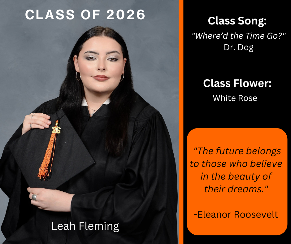 girl holding a graduation cap wearing a graduation gown; features class song and class flower